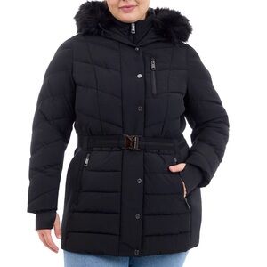 Michael Kors Plus Women's Black Quilted Jacket with Faux Fur Hood